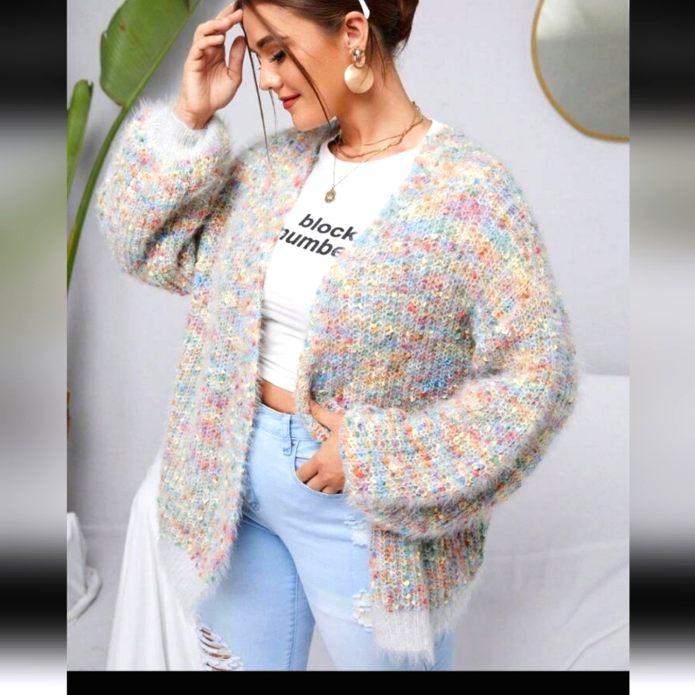 SHEIN Multicolor Fuzzy Knit Open Cardigan